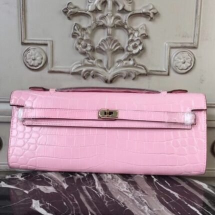 Pink Crocodile Replica Hermes Kelly Cut Clutch Feminine Tote