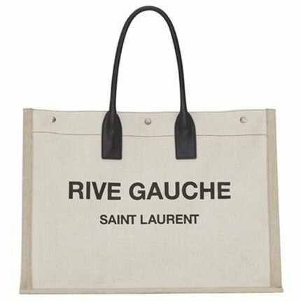 Knockoff Saint Laurent Rive Gauche Tote Bag White Linen and Black Leather